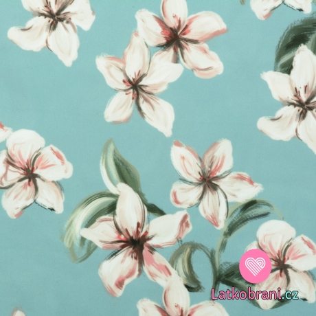 Silky / umělé hedvábí / pavučinka potisk magnolie na světle modré 