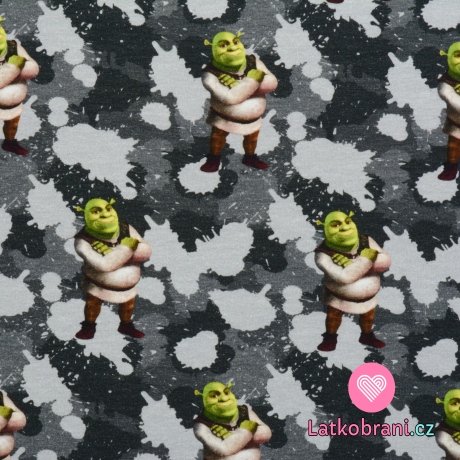 Teplákovina potisk Shrek na šedém maskáči