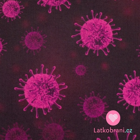 Bavlněné plátno fialovo růžový virus na tmavém podkladu