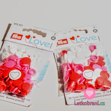 Patentky plastové Color snaps PRYM LOVE - srdíčka bíločervená