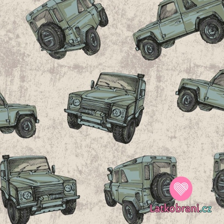 Teplákovina počesaná potisk zelený jeep na béžové