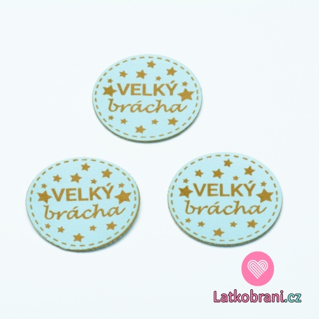 Štítek na oblečení kulatý "velký brácha", koženkový, imitace kůže, modrý