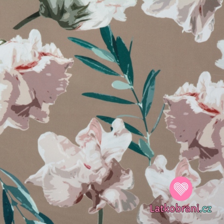Silky / umělé hedvábí / pavučinka potisk magnolie na velbloudí hnědé 