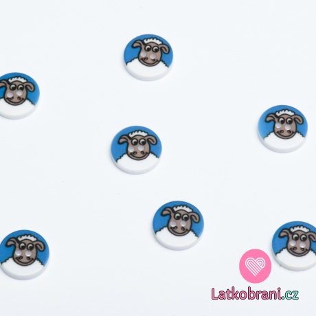 Knoflík kulatý, dětský s ovečkou na modré
