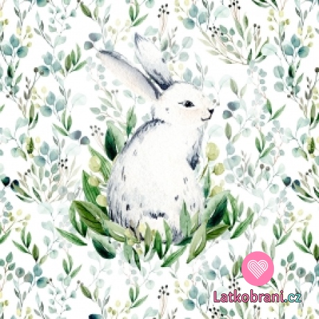 Bavlněný panel sedící králík v eukalyptových listech 40x40 cm