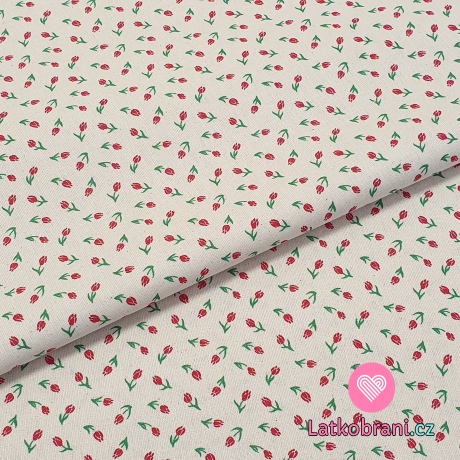 Bavlněné plátno červené tulipánky na přírodní bílé