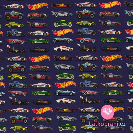 Úplet potisk autíčka Hot Wheels v řadě na modré
