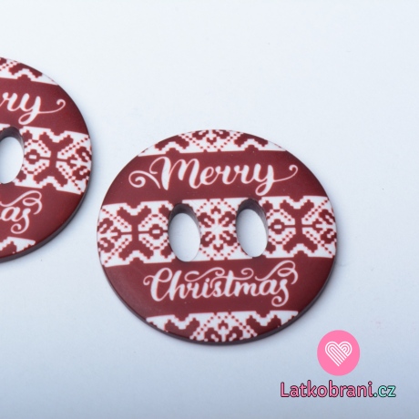 Knoflík kulatý, hnědý s nápisem "Merry Christmas"