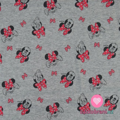 Teplákovina potisk hlavičky Minnie a růžové mašličky na šedém melé