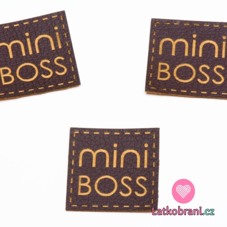 Štítek na oblečení "mini boss", koženkový, imitace tmavé kůže