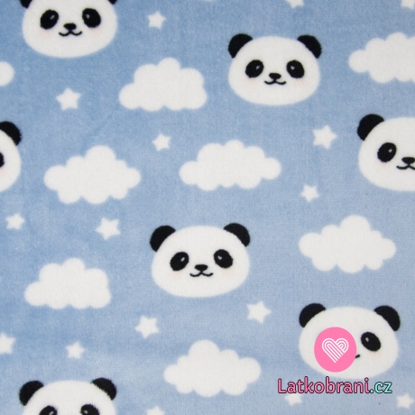 Oboustranný fleece potisk pandí hlavičky mezi mráčky na zaprášené modré