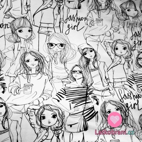 Teplákovina potisk "Fashion girls" na bílé
