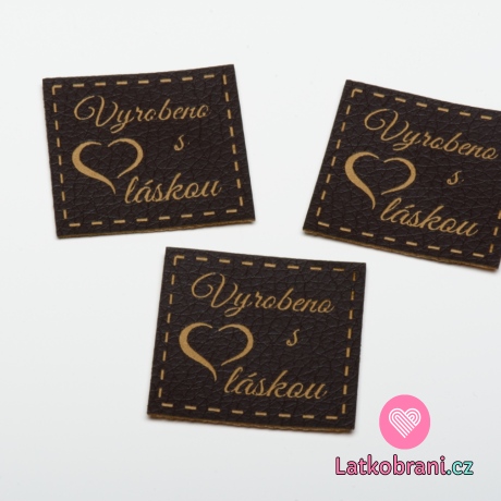 Štítek na oblečení "Vyrobeno s láskou", koženkový, imitace tmavé kůže