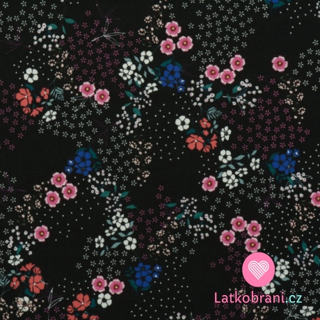 Silky / umělé hedvábí / pavučinka potisk kytičky na černé 