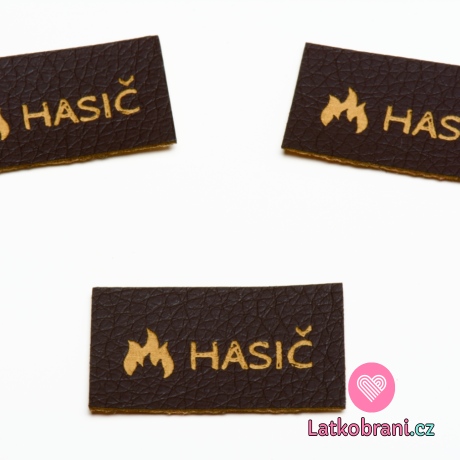 Štítek na oblečení "hasič", koženkový, imitace tmavé kůže