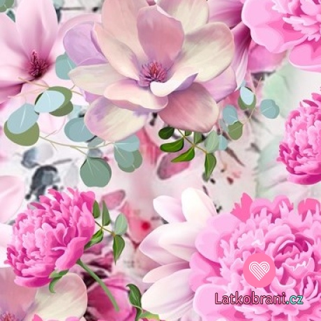 Teplákovina potisk růžové magnolie a pivoňky