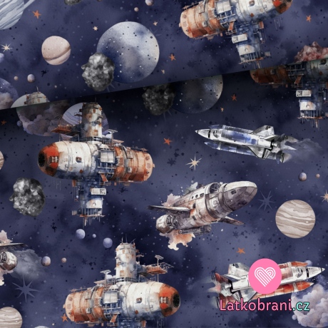 Teplákovina potisk vesmírná loď mezi planetami na modré 