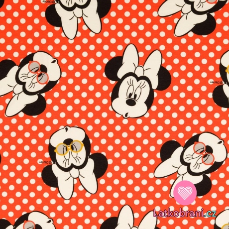 Úplet potisk hlava Minnie a bílý puntík na červenooranžové 