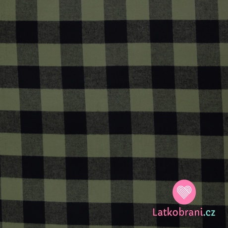 Bavlněný flanel černé kostky na zelené khaki 