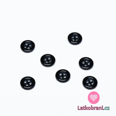 Knoflík,kulatý, čtyřdírkový, černý se zakulaceným okrajem