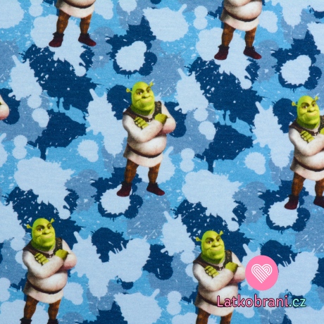 Teplákovina potisk Shrek na modrém maskáči
