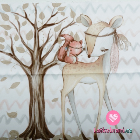 Bavlněný panel lesní zvířátka srna a veverka u stromu 60x40 cm