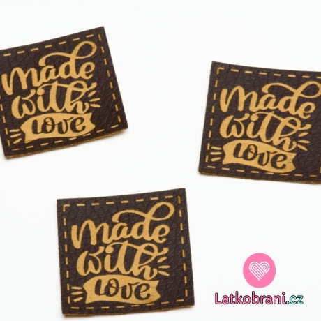 Štítek na oblečení "made with love", koženkový, imitace tmavé kůže